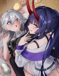 3girls :q bare_shoulders beer_can black_shirt black_thighhighs blue_eyes blush bronya_zaychik can commentary_request cosplay drink_can from_above hair_between_eyes hand_up heart heart-shaped_pupils highres homu_(honkai_impact) honkai_(series) honkai_impact_3rd horns kiana_kaslana long_hair long_horns looking_at_another looking_at_viewer multiple_girls nagonako off-shoulder_shirt off_shoulder open_mouth ponytail purple_eyes purple_hair raiden_mei raiden_mei_(cosplay) raiden_mei_(herrscher_of_thunder) raiden_mei_(striker_fulminata) red_horns red_pupils shirt sitting sitting_on_person symbol-shaped_pupils thighhighs tongue tongue_out white_hair white_shirt