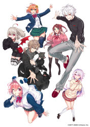 2017 2020 2boys 5girls ahoge akabane_youko animal_hood aqua_eyes arisaka_ako bat_wings black_footwear black_jacket black_pants black_socks blazer blue_footwear blue_jacket blue_socks blue_thighhighs bow bowtie brown_footwear cardigan clenched_teeth collared_shirt company_name copyright_notice drawstring floating green_skirt grey_pants grey_sweater hair_between_eyes hair_ornament hair_scrunchie hands_up highres honma_himawari honma_himawari_(1st_costume) hood hood_up hooded_jacket jacket kanae_(8th_costume)_(nijisanji) kanae_(nijisanji) kneehighs kuzuha_(nijisanji) light_brown_hair loafers long_hair long_sleeves low_wings makaino_ririmu makaino_ririmu_(2nd_costume) medium_hair multiple_boys multiple_girls nijisanji official_art one_eye_closed open_clothes open_jacket open_mouth orange_hair panda_hood pants pink_eyes pink_hair pleated_skirt pointy_ears reaching reaching_towards_viewer red_bow red_bowtie red_eyes red_footwear red_skirt red_wings roto_(kanae) sasaki_saku sasaki_saku_(1st_costume) scrunchie shiina_yuika shiina_yuika_(1st_costume) shirt shoes side_ponytail simple_background skirt slippers smile socks sweater teeth thighhighs turtleneck turtleneck_sweater upper_teeth_only v virtual_youtuber white_background white_hair white_shirt white_socks wings