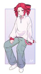 1girl alternate_costume bangs_pinned_back blue_background border closed_mouth collarbone collared_shirt commentary_request expressionless forehead grey_pants high_collar highres kasane_teto long_sleeves looking_at_viewer outside_border pants red_eyes sato_(r017xts117) shirt shoes sitting sleeves_past_wrists solo twintails utau white_border white_shirt white_shoes