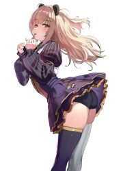 1girl absurdres amatsuna_sasaha animal_ears ass black_shorts black_thighhighs blonde_hair blush closed_mouth cowboy_shot dress haikeiyu highres juliet_sleeves long_hair long_sleeves looking_at_viewer mismatched_thighhighs nanashi_inc. panda_ears panda_girl puffy_sleeves purple_dress shorts shorts_under_dress simple_background smile solo striped_clothes striped_dress thighhighs tongue tongue_out transparent_background two_side_up vest virtual_youtuber white_thighhighs white_vest