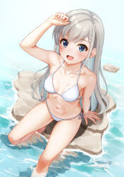 Rule 34 | 1girl, arm up, armpits, asymmetrical bangs, bare legs, barefoot, bikini, blush, braid, braided bangs, breasts, ca paria, collarbone, grey hair, halterneck, highres, hisakawa hayate, idolmaster, idolmaster cinderella girls, long hair, looking at viewer, navel, outdoors, refraction, side-tie bikini bottom, sitting, small breasts, smile, soaking feet, solo, stomach, straight hair, string bikini, swimsuit, very long hair, white bikini