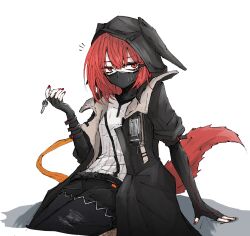 1girl aizettonagi arknights black_coat black_gloves black_pantyhose black_shorts coat commentary_request covered_mouth crownslayer_(arknights) elbow_gloves fingernails gloves hair_between_eyes highres hood hood_up hooded_coat key looking_at_viewer mask mouth_mask nail_polish ninja_mask notice_lines open_clothes open_coat pantyhose red_eyes red_hair red_nails red_tail shirt short_hair short_shorts short_sleeves shorts simple_background sitting solo tail white_background white_shirt