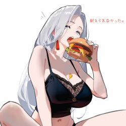 Rule 34 | 1girl, absurdres, alternate costume, black camisole, breasts, burger, camisole, cleavage, earrings, food, genshin impact, grey eyes, grey nails, highres, holding, holding burger, holding food, indian style, jewelry, large breasts, looking at viewer, nail polish, navel, notice lines, shenhe (genshin impact), simple background, sitting, solo, stomach, tassel, tassel earrings, white background, white hair, yumeto (ym-1)