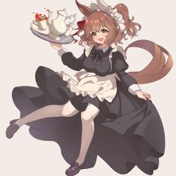 Rule 34 | 1girl, absurdres, alternate costume, animal ears, apron, aston machan (umamusume), black dress, black shoes, blush, brown hair, cup, dress, ear covers, enmaided, full body, glasses, green ribbon, highres, holding, holding tray, horse ears, horse girl, loafers, looking at viewer, maid, maid apron, maid headdress, modi, nail polish, pantyhose, ponytail, red nails, ribbon, shoes, simple background, single ear cover, skirt hold, smile, solo, standing, standing on one leg, tea, teacup, tray, umamusume, white apron, white pantyhose