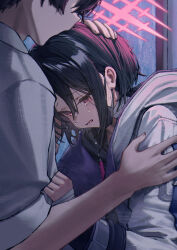 1boy 1girl bandaged_hand bandages betabeet black_hair black_mask blue_archive clothes_grab commentary crying crying_with_eyes_open halo highres hood hood_down hooded_jacket jacket leaning_on_person long_sleeves mask mask_lift misaki_(blue_archive) mouth_mask red_eyes red_halo sensei_(blue_archive) shirt_grab sleeves_rolled_up teardrop tears white_jacket