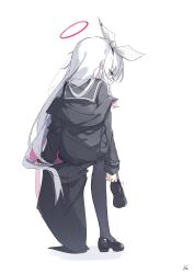 1girl absurdres black_coat black_pantyhose black_sailor_collar black_serafuku black_shirt black_shoes black_skirt blue_archive braid coat colored_inner_hair from_behind full_body grey_hair halo highres kiroshi loafers long_hair long_sleeves multicolored_hair off_shoulder pantyhose pink_hair plana_(blue_archive) putting_on_footwear red_halo sailor_collar school_uniform serafuku shirt shoes simple_background skirt solo white_background