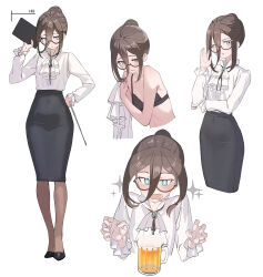 +_+ alcohol bare_shoulders beer black-framed_eyewear black_bra black_skirt bra breasts brown_hair c-eye drooling glasses hair_between_eyes hair_bun highres long_bangs long_sleeves mouth_drool office_lady original pantyhose pencil_skirt semi-rimless_eyewear shirt sidelocks simple_background single_hair_bun skirt small_breasts underwear wavy_mouth white_background white_shirt