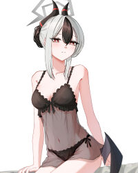 1girl absurdres babydoll black_babydoll black_hair black_horns blue_archive demon_horns demon_wings grey_halo hair_up halo highres hit_by_hit horns kayoko_(blue_archive) lingerie looking_at_viewer multicolored_hair negligee single_wing sitting solo two-tone_hair underwear underwear_only white_background white_hair wings