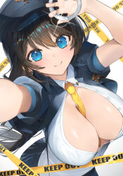 1girl arms_up between_breasts black_hair black_hat blue_eyes blue_jacket breasts buttons caution_tape cleavage closed_mouth collared_shirt cuffs dress_shirt from_above handcuffs hat highres holding holding_handcuffs hu_kotora jacket large_breasts long_hair looking_at_viewer necktie necktie_between_breasts no_bra open_clothes open_jacket original peaked_cap police police_badge police_hat police_uniform policewoman puffy_short_sleeves puffy_sleeves shirt shirt_tucked_in short_sleeves smile solo unbuttoned unbuttoned_shirt very_long_hair white_shirt yellow_necktie