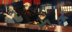1girl 3boys building dust_girl highres holding_toy_gun long_hair long_sleeves medium_hair multiple_boys night original shadow target_practice very_long_hair white_hair window