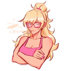 1girl artist_name aurora_(aurawra21) bespectacled blonde_hair breasts camisole cigarette class_of_09 cleavage commentary crossed_arms earrings english_commentary glasses high_ponytail highres jecka_(class_of_09) jewelry long_hair medium_breasts pink_camisole pink_nails ponytail red-framed_eyewear smoking solo v-shaped_eyebrows yellow_eyes