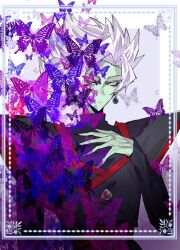 1boy black_bodysuit bodysuit bug butterflies butterfly colored_skin dragon_ball dragon_ball_super earrings expressionless fused_zamasu green_skin grey_eyes hand_on_own_chest heterochromia insect jewelry long_sleeves looking_at_viewer pointy_ears potara_earrings purple_eyes red_sash sash solo spiked_hair v621 white_hair