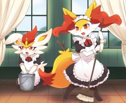 2girls absurdres animal_ear_fluff animal_ears animal_feet animal_hands animal_nose apron black_dress black_fur blue_sky blush body_fur braixen buck_teeth bucket chromatic_aberration cinderace cleaning clothed_pokemon collared_dress curtains day dress embarrassed fang female_focus flat_chest fox_ears fox_girl fox_tail frilled_apron frilled_dress frills full_body furry furry_female gen_6_pokemon gen_8_pokemon hands_up happy highres holding holding_mop indoors kneeling legs_apart looking_down looking_to_the_side maid maid_apron maid_headdress mop multiple_girls neck_ribbon nintendo open_mouth outline pokemon pokemon_(creature) puffy_short_sleeves puffy_sleeves rabbit_ears rabbit_girl rabbit_tail red_eyes red_fur red_hair red_ribbon ribbon short_hair short_sleeves skin_fang sky smile standing stick subaru331 tail teeth water white_apron white_fur window wrist_cuffs yellow_fur