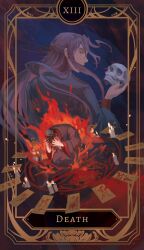 2boys absurdres black_footwear black_hanfu black_nails blood bun_cover candle card_(medium) chapter_56 chinese_clothes commentary death_(tarot) english_commentary fire hair_ribbon hands_on_own_head hanfu highres holding holding_skull hunched_over long_hair long_sleeves looking_back male_focus mo_xuanyu modao_zushi multiple_boys red_eyes red_ribbon ribbon shoes sigil sitting skull talisman tarot tarot_(medium) wei_wuxian wei_wuxian_(yiling_laozu) wide_sleeves