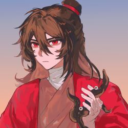 Rule 34 | 1boy, absurdres, bags under eyes, bandaged neck, bandages, benkebuhui, brown hair, chinese clothes, chinese commentary, closed mouth, coat, creature, dao gui yi xian, eyeball, frown, gradient background, hair between eyes, hair bun, half updo, hand up, hanfu, highres, holding, holding creature, holding tentacle, li huowang, li sui (tentacles), long hair, long sleeves, looking at viewer, male focus, open clothes, open coat, red coat, red eyes, red hanfu, robe, simple background, single hair bun, solo, tentacles, upper body
