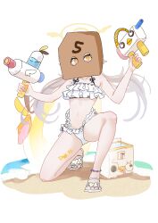 1girl absurdres anklet asymmetrical_dual_wielding bag beach bikini black_bow blue_archive blush bow brown_hair collarbone cooler dual_wielding faust_(blue_archive) flat_chest frilled_bikini frills full_body halo halterneck hands_up hashtag-only_commentary hifumi_(blue_archive) hifumi_(swimsuit)_(blue_archive) highres holding jewelry loli long_hair looking_to_the_side low_twintails mask multi-strapped_bikini_bottom navel off-shoulder_bikini off_shoulder official_alternate_costume paper_bag peroro_(blue_archive) reiami ribbon-trimmed_bikini ribbon-trimmed_swimsuit ribbon_trim sand sandals side-tie_bikini_bottom simple_background smile solo squatting swimsuit twintails very_long_hair water water_gun waves white_background white_bikini winged_halo yellow_eyes yellow_halo