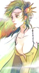 1girl aged_up breasts cape cleavage closed_mouth detached_sleeves earrings final_fantasy final_fantasy_iv green_eyes green_hair hair_ornament highres jewelry lips long_hair rydia_(adult)_(ff4) rydia_(ff4) signature simple_background solo star_(symbol) star_earrings tonnu_(kabegaminokabe)