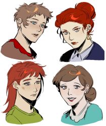 4girls blue_eyes blue_jacket blue_shirt brown_eyes brown_hair brown_shirt closed_mouth collared_shirt commentary earrings english_commentary freckles green_eyes green_shirt hair_bun highres jacket jewelry kugai697139 liane_cartman lips long_hair looking_at_viewer multiple_girls open_clothes open_jacket open_mouth red_hair red_lips sharon_marsh sheila_broflovski shirt short_hair smile south_park teeth triangle_earrings upper_body v-shaped_eyebrows very_short_hair