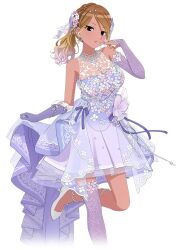 1girl black_eyes blue_dress breasts brown_hair cleavage dark-skinned_female dark_skin dress gloves hair_ornament high_heels idolmaster idolmaster_shiny_colors idolmaster_shiny_colors_song_for_prism izumi_mei multicolored_hair official_art open_mouth single_glove single_thighhigh solo thighhighs transparent_background