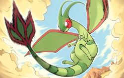 absurdres bright_pupils claws cloud commentary day dust_cloud flygon flying gen_3_pokemon highres motion_blur motion_lines nintendo no_humans outdoors pokemon pokemon_(creature) pokemon_focus seb sky solo