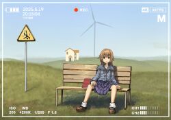 1girl bench book brown_hair brown_shoes day highres house legs_apart looking_at_viewer miniskirt original outdoors pleated_skirt scenery shoes sign sitting skirt socks solo viewfinder white_socks wide_shot wind_turbine windmill zhuxie1264852