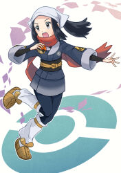 1girl :o akari_(pokemon) black_hair black_sash black_shirt brown_shoes commentary_request eyelashes full_body grey_eyes grey_jacket headscarf highres holding holding_poke_ball jacket leg_up logo long_hair looking_to_the_side nintendo open_mouth pantyhose poke_ball poke_ball_(basic) pokemon pokemon_legends:_arceus ponytail red_scarf sasami_642 sash scarf shirt shoes sidelocks skirt socks solo spread_fingers white_socks