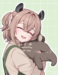 1girl absurdres animal animal_ears animal_hug apron blush brown_hair closed_eyes from_side green_background grid_background hair_ribbon highres indie_virtual_youtuber kafka963 medium_hair nimi_nightmare nimi_nightmare_(tapir) ribbon round_collar smile tapir tapir_ears tapir_girl virtual_youtuber
