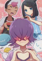 Rule 34 | 0roshioji3ran, 1boy, 2girls, apron, aqua eyes, black hair, black headwear, blue apron, cardigan, closed mouth, commentary request, dot (pokemon), emphasis lines, hair ornament, hair over eyes, hairclip, hands up, hat, heart, heart hands, liko (pokemon), multiple girls, nintendo, pink background, pokemon, pokemon (anime), pokemon (creature), pokemon horizons, purple cardigan, purple hair, quaxly, roy (pokemon), shirt, short hair, short sleeves, t-shirt, tank top, watermark, white shirt