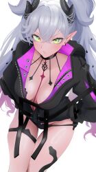 1girl black_cloak black_panties black_thighhighs blush body_markings breasts choker cleavage cloak crossed_bangs demon_girl demon_horns demon_wings ear_piercing fate/grand_order fate_(series) green_eyes grey_hair hair_between_eyes highres horns lilith_(fate) lilith_(second_ascension)_(fate) long_hair looking_at_viewer medium_breasts navel panties phaethonvt piercing pointy_ears solo stomach_tattoo tattoo thighhighs thighs twintails underwear very_long_hair wings