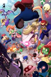 4girls 6+boys angry battle bayonetta bayonetta_(series) black_hair blonde_hair blue_eyes bowser box brown_hair captain_falcon clash creatures_(company) crown donkey_kong donkey_kong_(series) donkey_kong_country earrings egg elf f-zero fat fat_man fighter) fire fire_emblem flying game_freak gen_1_pokemon gen_4_pokemon glasses gloves grin gun hat highres inkling_player_character jewelry jigglypuff jumping king_k._rool kirby kirby_(series) legendary_pokemon long_hair lucario luigi magic mario mario_(series) mega_man_(character) mega_man_(series) meta_knight metal_gear_(series) metal_gear_solid metroid mewtwo mother_(series) mother_2 multiple_boys multiple_girls ness_(mother_2) nintendo olimar one_eye_closed open_mouth orange_hair pac-man pikmin_(creature) pikmin_(series) piranha_plant plant plumber pointy_ears pokemon pokemon_(creature) pokemon_frlg princess_zelda ridley ryuu_(street serious short_hair smile solid_snake sonic_(series) sonic_the_hedgehog splatoon_(series) street_fighter street_fighter_ii_(series) super_mario_bros._1 super_mario_world super_smash_bros. sword the_legend_of_zelda the_legend_of_zelda:_a_link_between_worlds wario wario_land warioware weapon white_eyes wings wink witch yoshi yoshi&#039;s_island