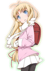 1girl aquaplus_(company) backpack bag blonde_hair blue_eyes female_focus highres kashiwagi_hatsune kizuato long_hair mittens pantyhose randoseru scarf shouji_ayumu solo white_scarf