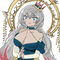 1girl blue_dress blue_eyes blush breasts chain cleavage collar cross dress fate/grand_order fate_(series) gold_chain grey_hair hair_between_eyes highres jewelry long_hair multicolored_hair pink_hair pink_nails shirochangfg smile strapless strapless_dress tiara very_long_hair zenobia_(fate) zenobia_(fgo_fes._2025)_(fate)
