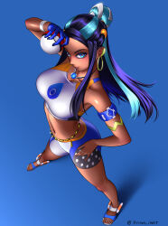 1girl armlet armpits ass bare_shoulders belly_chain bikini bikini_shorts black_hair blue_background blue_eyes blue_streaks breasts collarbone crop_top dark-skinned_female dark_skin dynamax_band ear_piercing earrings eyelashes feet female_focus fingernails from_above full_body gloves gym_leader hair_bun hand_on_own_hip hand_up highres holding holding_poke_ball hoop_earrings jewelry knees legs lips long_hair looking_at_viewer looking_up medium_breasts midriff multicolored_hair navel neck necklace nessa_(pokemon) nintendo piercing poke_ball pokemon pokemon_swsh sandals short_shorts shorts sidelocks single_glove skin_tight sleeveless smile spread_legs standing streaked_hair swimsuit thighs toenails toes yossan_illust