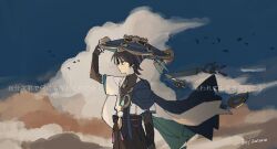 1boy aqua_gemstone arm_at_side arm_up armor belt bird black_belt black_bow black_bridal_gauntlets black_hair black_shorts blue_cape blue_eyes blue_hat blue_kimono blue_sky blue_sleeves blunt_ends bow bridal_gauntlets cape cloud cloudy_sky feathers furisode gem genshin_impact gold hakama hakama_shorts hat highres japanese_armor japanese_clothes jingasa juban kimono kote kurokote layered_sleeves looking_to_the_side male_focus open_clothes open_kimono parody_request pleated_shorts pom_pom_(clothes) profile purple_rope purple_sash rope sash scaramouche_(genshin_impact) short_sleeves shorts sky solo tenpi_(hello_3152) translation_request upper_body wanderer_(genshin_impact) white_kimono white_sleeves yellow_feathers