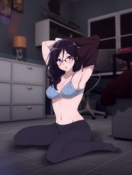 1girl arms_up black_hair black_pantyhose blue_bra blue_eyes bra breasts chair chest_of_drawers cleavage desk desk_lamp female_focus full_body glasses hair_between_eyes hibike!_euphonium highres indoors katana lamp large_breasts looking_at_viewer medium_breasts monitor navel no_pants office_chair on_floor open_mouth pantyhose sbel02 shelf sitting solo swivel_chair sword takeoff tanaka_asuka underwear undressing wariza wavy_hair weapon window