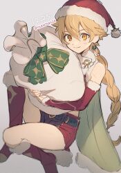 1boy aether_(genshin_impact) alternate_costume bag bare_legs bare_shoulders belt black_belt blonde_hair blurry boots braid braided_ponytail cape christmas dated depth_of_field detached_sleeves earrings film_grain fur-trimmed_boots fur-trimmed_cape fur-trimmed_sleeves fur_scarf fur_trim genshin_impact green_cape grey_background hair_between_eyes hat holding holding_bag hugging_object jewelry knee_up kneeling light_smile long_hair looking_at_viewer male_focus midriff nutschan24 orange_eyes own_hands_together red_boots red_shorts revealing_clothes santa_costume santa_hat short_shorts shorts simple_background single_earring sketch solo thighs twitter_username two-handed