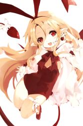 1girl blonde_hair blush demon_tail disgaea flat_chest flonne flonne_(fallen_angel) full_body heart highres kakuwashi leotard long_hair looking_at_viewer makai_senki_disgaea open_mouth pointy_ears red_eyes red_leotard smile solo tail wings