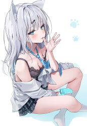 Rule 34 | 1girl, animal ear fluff, animal ears, black bra, blue eyes, blue hair, blue necktie, blue skirt, bra, breasts, cat ears, cat girl, cleavage, food, gradient hair, grey hair, hair ornament, hairclip, highres, holding, holding food, holding popsicle, huwari (dnwls3010), lace, lace-trimmed bra, lace trim, light blush, long hair, medium breasts, multicolored hair, necktie, open clothes, open shirt, original, plaid clothes, plaid skirt, popsicle, shirt, skirt, socks, underwear, white shirt, white socks