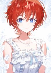 blue_eyes blurry blurry_background blurry_foreground bug butterfly butterfly_necklace commentary daffodil depth_of_field dress falling_petals flower frilled_dress frills furrowed_brow highres idolmaster idolmaster_million_live! idolmaster_million_live!_theater_days insect jewelry julia_(idolmaster) lace_trim looking_at_viewer monochrome_background mullet necklace panprika petals pure_onepiece_(idolmaster) red_hair ribbon ribbon-trimmed_clothes ribbon_trim short_hair signature sleeveless sleeveless_dress smile solo white_background white_dress wisteria