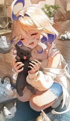 1girl :d ^_^ absurdres ahoge animal bare_shoulders black_cat blue_hair blue_shorts blush cat closed_eyes collarbone dasha denim denim_shorts furina_(genshin_impact) genshin_impact hair_between_eyes highres holding holding_animal long_hair long_sleeves multicolored_hair off_shoulder open_mouth revision shoes shorts smile solo squatting teeth upper_teeth_only very_long_hair white_cat white_hair white_shoes
