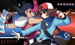2boys arms_up bag belt belt_pouch black_belt black_border black_hair black_pants blue_background blue_coat border brown_eyes brown_gloves brown_hair card clenched_hand coat colored_bangs crossover dark-skinned_male dark_skin duel_disk facing_to_the_side fingerless_gloves gameplay_mechanics gloves hat highres hilbert_(pokemon) holding holding_card holding_poke_ball hood hooded_vest hoodie looking_at_another looking_to_the_side male_focus messenger_bag multiple_boys nintendo nuumigranate open_clothes open_mouth open_vest outstretched_arms pants partially_unzipped poke_ball pokemon pokemon_bw popped_collar pouch red_background red_eyes red_vest shirt shoulder_bag side-by-side single_fingerless_glove single_glove sleeveless sleeveless_shirt smile spiked_hair tan tsukumo_yuma upper_body user_interface vest white_hat white_hood yu-gi-oh! yu-gi-oh!_zexal