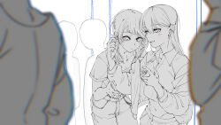 2girls absurdres airpods bang_dream! bang_dream!_it&#039;s_mygo!!!!! blush cellphone closed_mouth crop_top doki_(oox3o) earphones highres holding holding_phone long_hair medium_hair midriff multiple_girls open_mouth pants people phone shared_earphones shiina_taki shirt short_sleeves smartphone spot_color unfinished wireless_earphones yahata_umiri