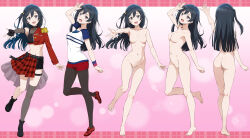 1girl :d arm_up ass asymmetrical_gloves asymmetrical_sleeves barefoot belt belt_buckle black_footwear black_gloves black_hair black_pantyhose breasts buckle collarbone commentary_request completely_nude dive!_(love_live!) epaulettes feet fingerless_gloves full_body gloves grey_eyes half-skirt highres kneepits long_hair long_sleeves looking_at_viewer love_live! love_live!_nijigasaki_high_school_idol_club medium_breasts multiple_views nanikairu navel no_nipples no_pussy nude one_side_up open_mouth outstretched_arm paid_reward_available pantyhose pink_background plaid_clothes plaid_skirt raglan_sleeves red_footwear red_shorts red_skirt shirt shorts single_epaulette single_glove skirt smile standing standing_on_one_leg thighs toes white_shirt yuki_setsuna