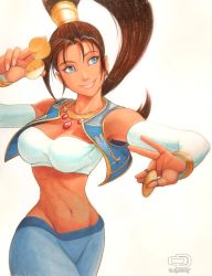Rule 34 | 1girl, arabian clothes, arika, bandeau, blue eyes, bracelet, breasts, brown hair, capcom, cleavage, dancer, dark-skinned female, dark skin, female focus, jewelry, large breasts, long hair, looking away, midriff, navel, necklace, omar dogan, ponytail, pullum, pullum purna, shirt, smile, solo, street fighter, street fighter ex (series), taut clothes, taut shirt, vest