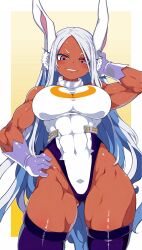 abs animal_ears bad_bluesky_id bad_id boku_no_hero_academia covered_abs covered_navel dark-skinned_female dark_skin gloves hand_on_own_hip highres leotard mirko muscular muscular_female rabbit_ears rabbit_girl rabbit_tail red_eyes smile tail thick_thighs thighhighs thighs tsukinoha_mio white_gloves white_hair white_leotard