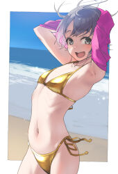 1girl arms_behind_head beach bikini blue_sky commentary_request cowboy_shot day flat_chest gold_bikini grey_eyes grey_hair horizon idolmaster idolmaster_cinderella_girls kawaty navel ocean otokura_yuuki outdoors pink_shirt shirt side-tie_bikini_bottom sky smile solo swimsuit