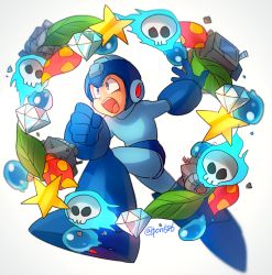 1boy :o artist_name blue_footwear clenched_hand diamond_(gemstone) fire flaming_skull from_side full_body helmet junk leaf mega_man_(character) mega_man_(classic) mega_man_(series) poroi_(poro586) robot running shouting skull solo star_(symbol) teeth upper_teeth_only white_background