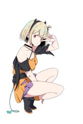 1girl absurdres black_choker blonde_hair braid breasts choker collarbone hairband halloween highres looking_at_viewer lycoris_recoil medium_breasts misskiwi nishikigi_chisato red_eyes short_hair simple_background skirt solo squatting thighs v white_background