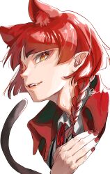 Rule 34 | 1other, absurdres, animal ears, braid, cat ears, highres, kr27, long hair, mairimashita! iruma-kun, opera (iruma-kun), red hair, red nails, tail, upper body, white background, yellow eyes
