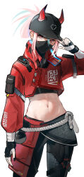 1girl apex_legends armor baseball_cap black_gloves black_hat black_mask black_nails black_pants black_shirt blue_hair cosplay cowboy_shot crazy_raccoon cropped_jacket cropped_shirt fingerless_gloves gesture_request gloves hair_between_eyes hand_up hat highres horns horns_through_headwear jacket leg_armor long_sleeves looking_at_viewer mask midriff mouth_mask multicolored_hair nail_polish navel pants pink_eyes pink_hair red_horns red_jacket rope_belt sai_(saiqun_31) selly55 shirt short_hair sidelocks simple_background solo standing streaked_hair street_smart_wraith white_background wraith_(apex_legends) wraith_(apex_legends)_(cosplay)